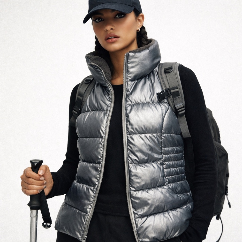 Calvin Klein Silver Metallic Puffer Vest Y2K Futuristic Zip Up Womens Gorpcore